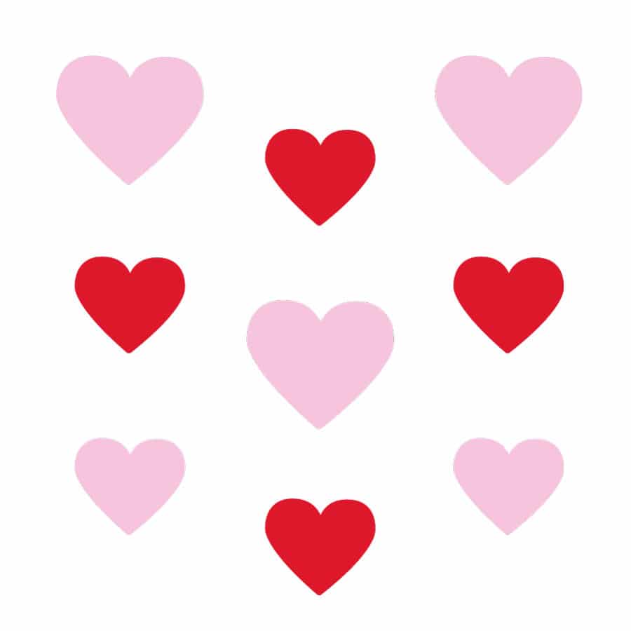 Pink and red heart window stickers on a white background