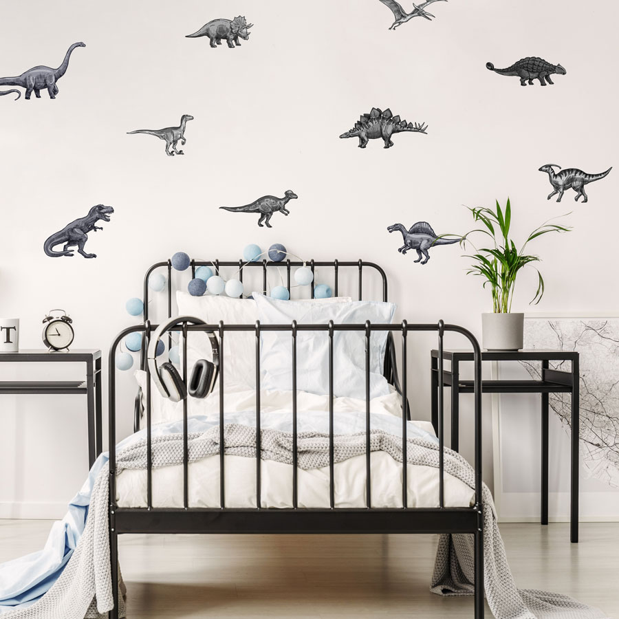 Dinosaur stickaround wall sticker pack (Greyscale) perfect for decorating a childs room with a dinosaur theme