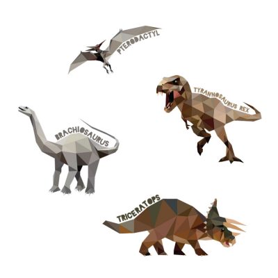 Geometric named dinosaur wall stickers on a white background