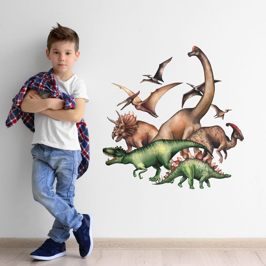Jurassic dinosaur group wall sticker perfect for creating a focal point for a dinosaur themed bedroom