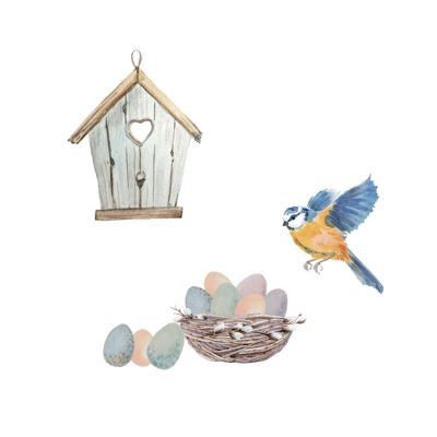 Birdhouse and eggs window stickers on a white background