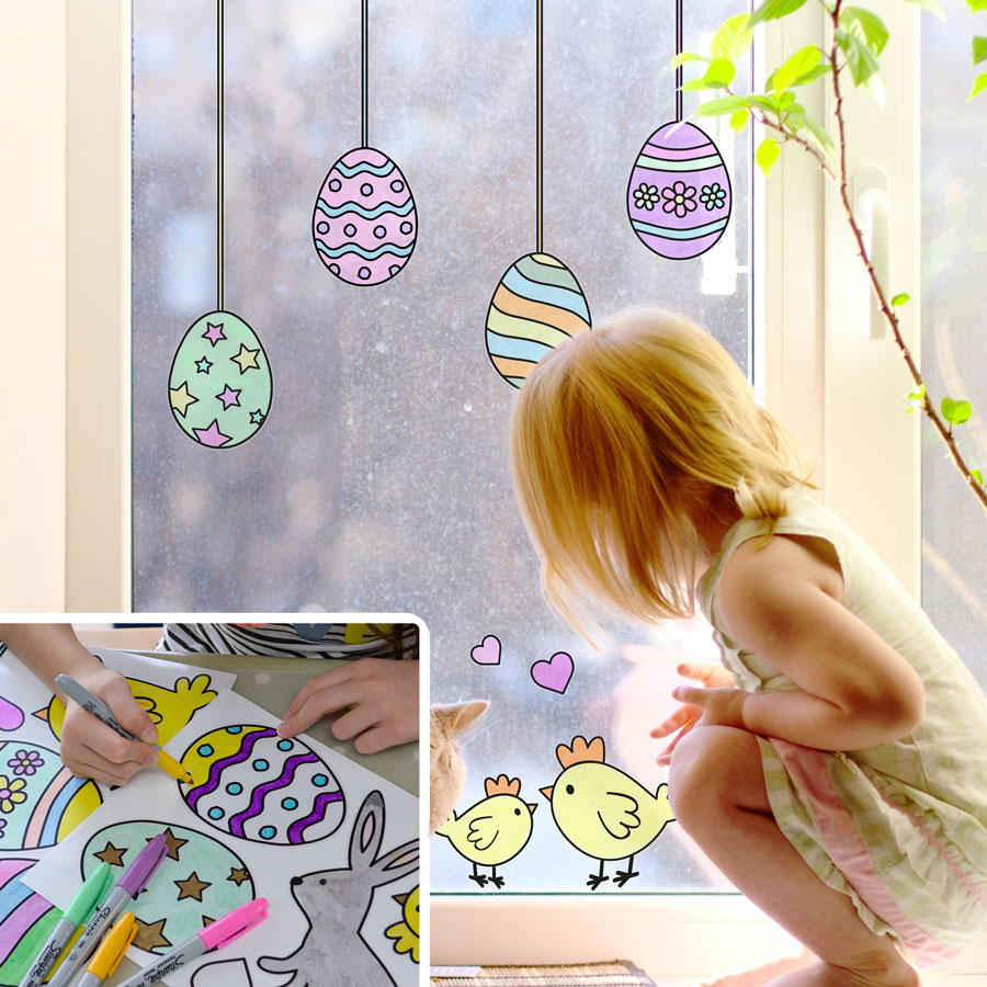 Easter colour in window sticker pack featuring Easter themed window stickers on a window with girl and cat
