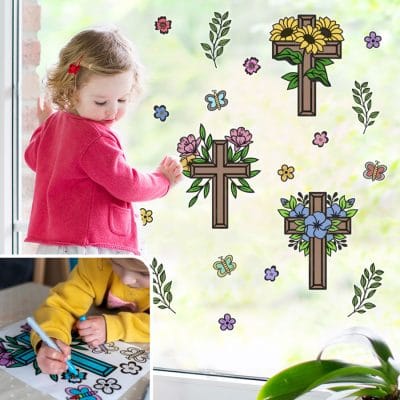 Floral Crosses Colour In Window Stickers