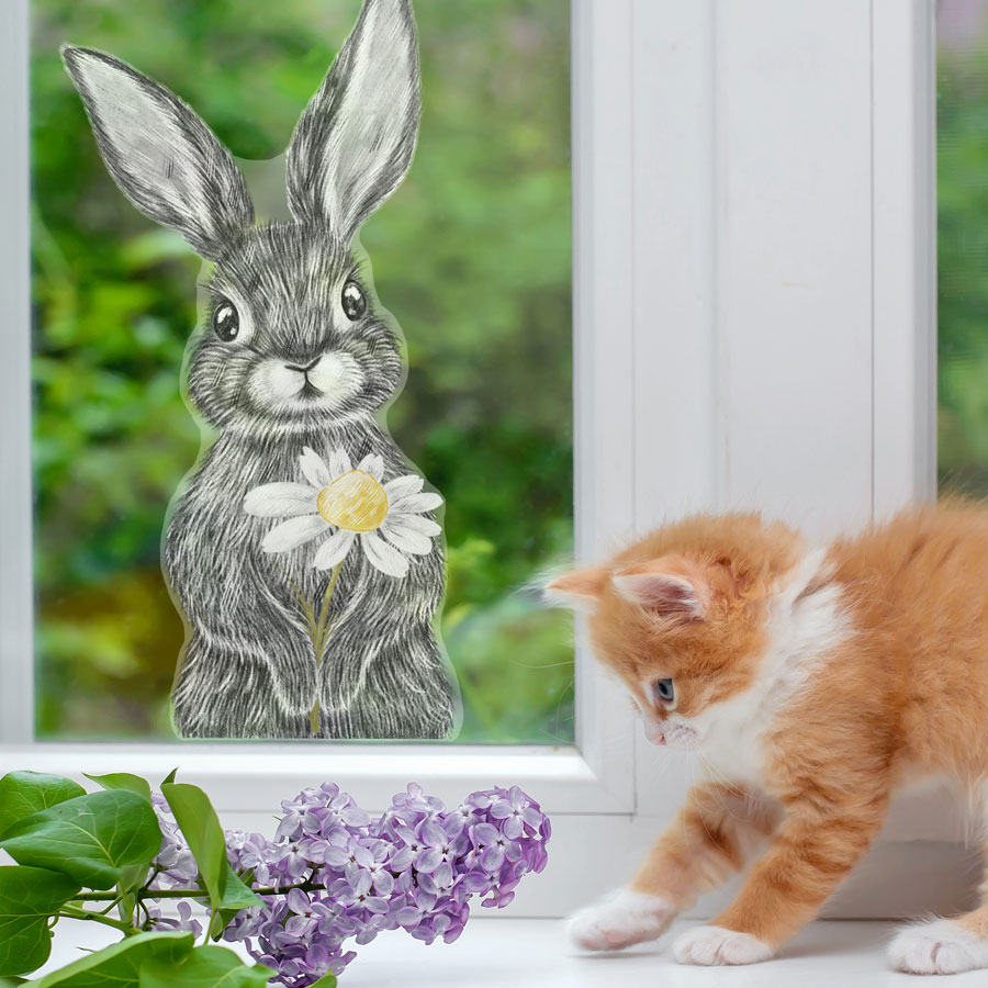 Spring bunny window sticker featuring grey sketched rabbit holding a white flower, the sticker is on a window facing some green bushes
