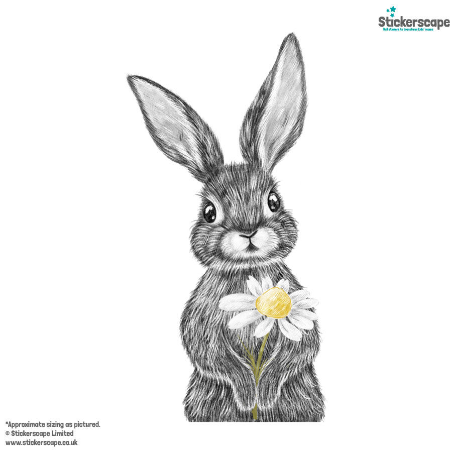 Spring bunny window sticker featuring grey sketched rabbit holding a white flower