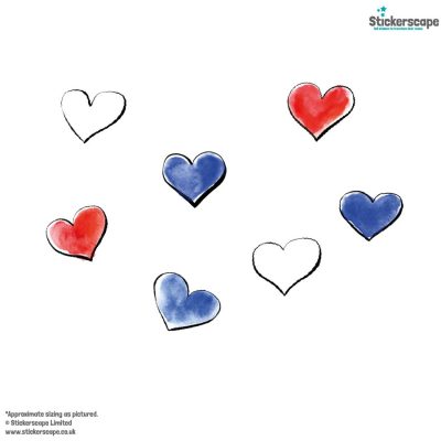 Red, White and Blue Hearts Window Sticker Pack on white background