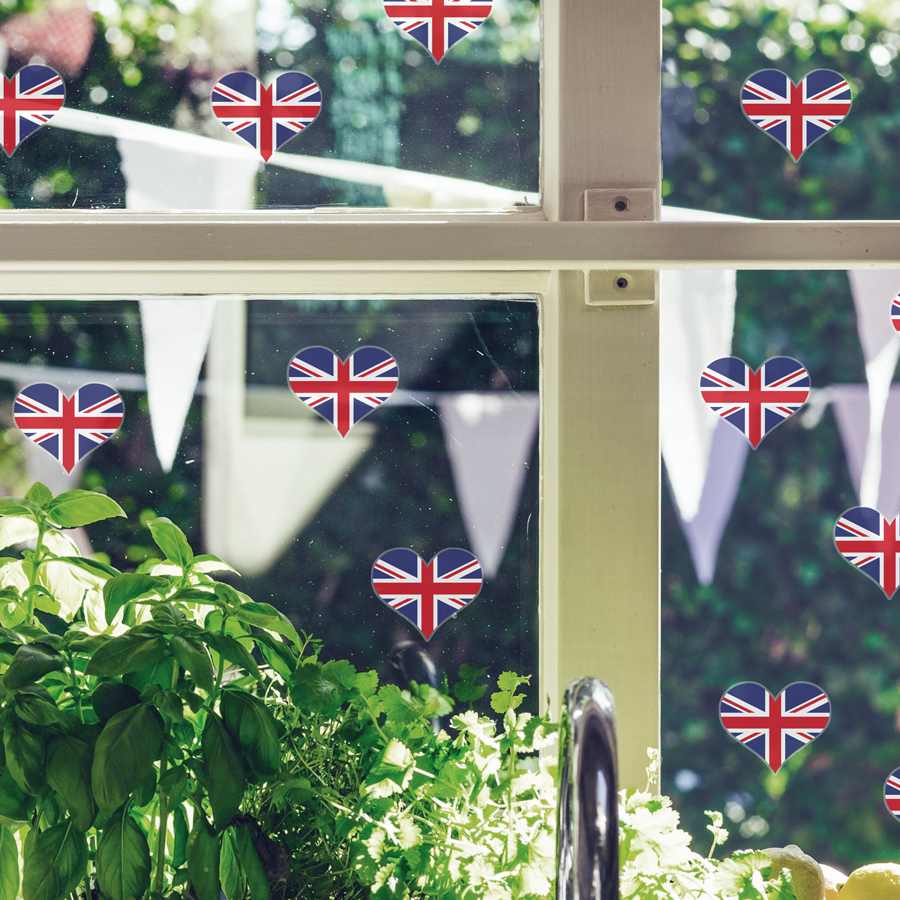 Union Jack hearts window sticker pack shown on a window