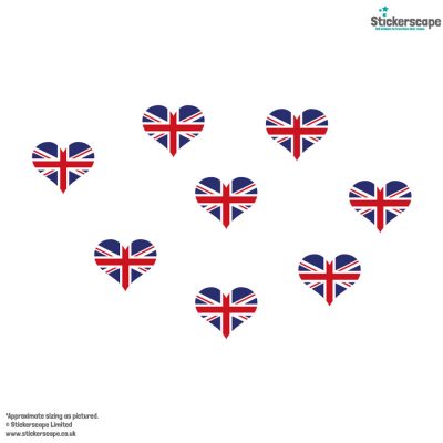 Union Jack hearts window sticker pack shown on a white background