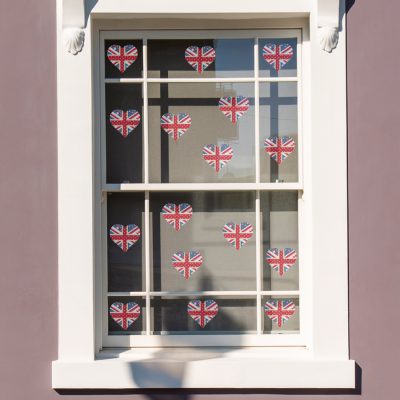 Cute Union Jack Hearts Window Sticker Pack, option 2 displayed on a window