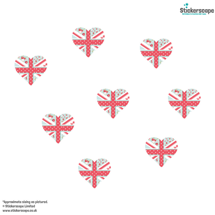 Cute Union Jack Hearts Window Sticker Pack, option 1 displayed on a white background