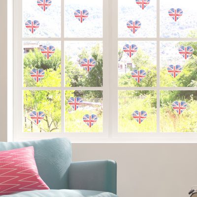 Watercolour Union Jack Hearts Window Sticker Pack on window