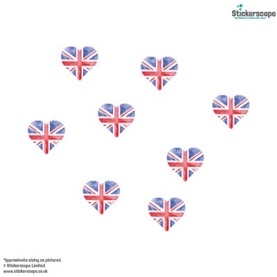 Watercolour Union Jack Hearts Window Sticker Pack on white background