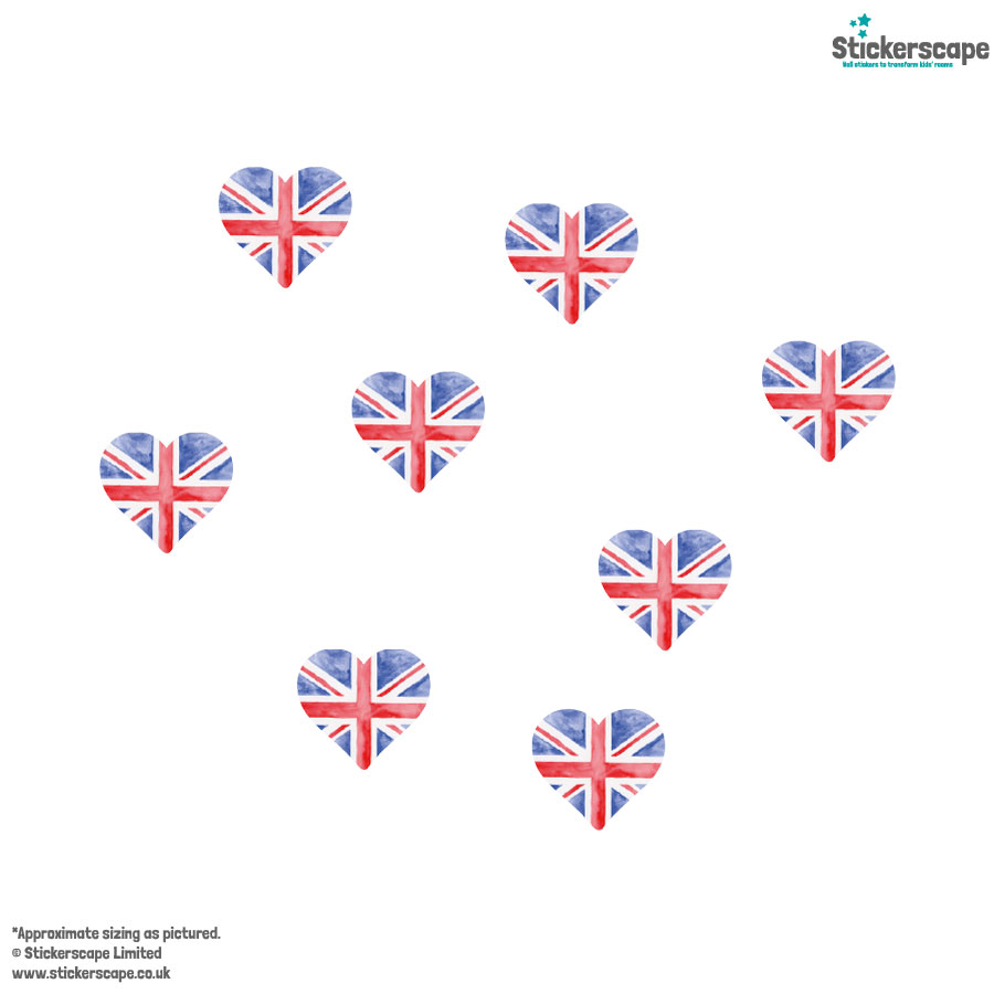 Watercolour Union Jack Hearts Window Sticker Pack on white background