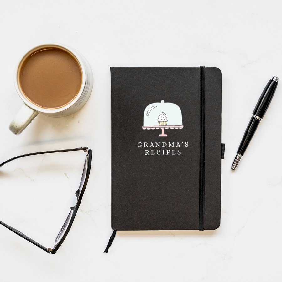 Personalised cake stand notebook in black features a cake stand design with personalised name underneath and is a perfect gift for a grandmother or mother for Christmas or a birthday