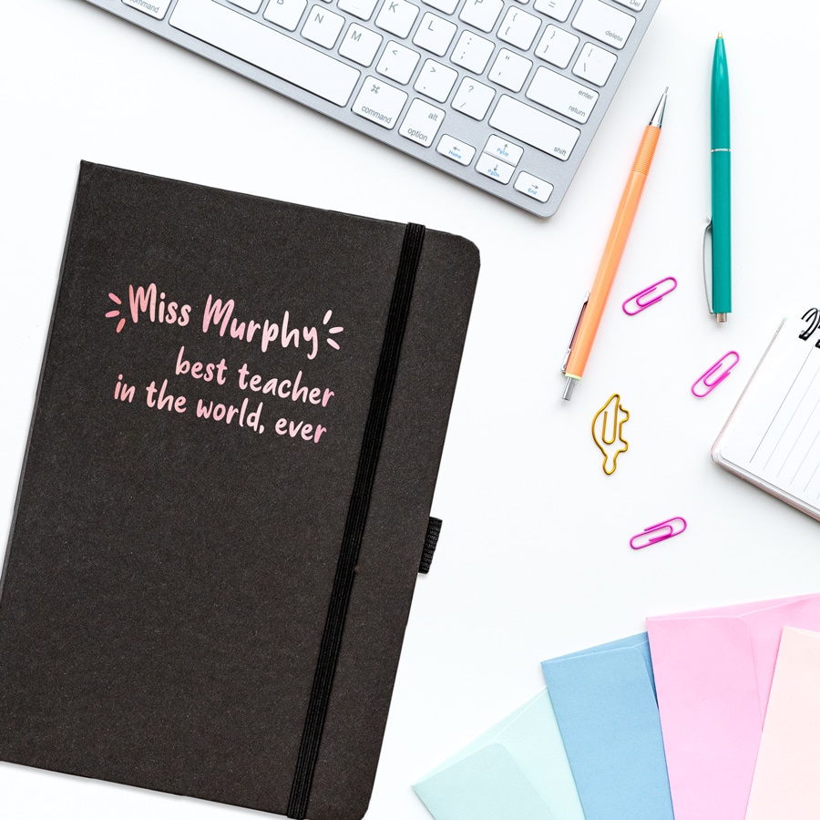 Personalised best teacher in the world notebook in black features the text 'best teacher in the world, ever' plus personalised name underneath and is a perfect gift for a teacher or teaching assistant to say thank you