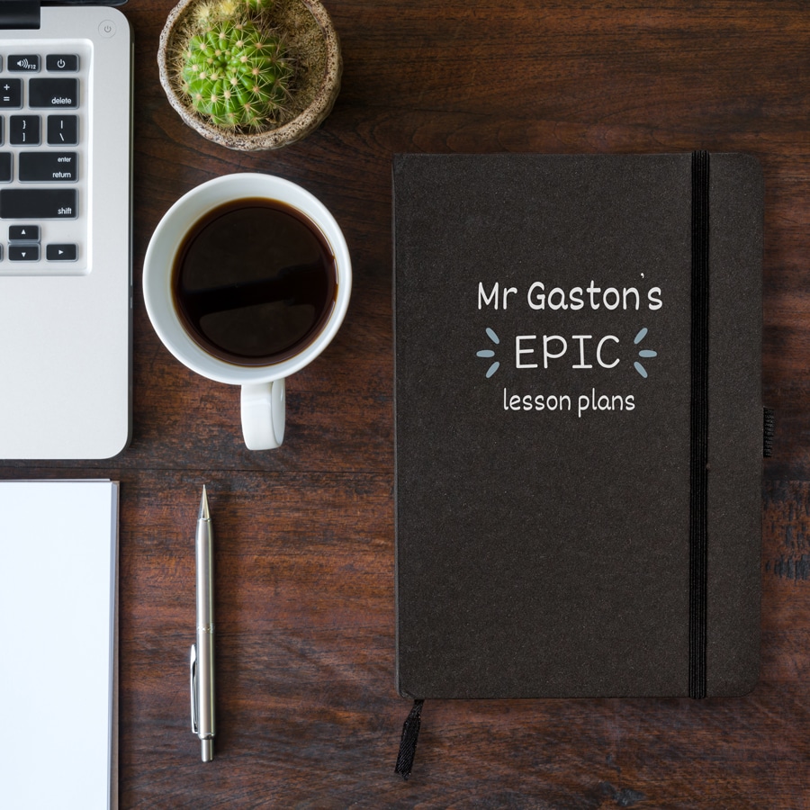 Personalised epic lesson plans notebook in black features the text 'epic lesson plans' with personalised name and is a perfect gift for a teacher or teaching assistant to say thank you