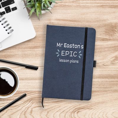 Personalised epic lesson plans notebook in black features the text 'epic lesson plans' with personalised name and is a perfect gift for a teacher or teaching assistant to say thank you