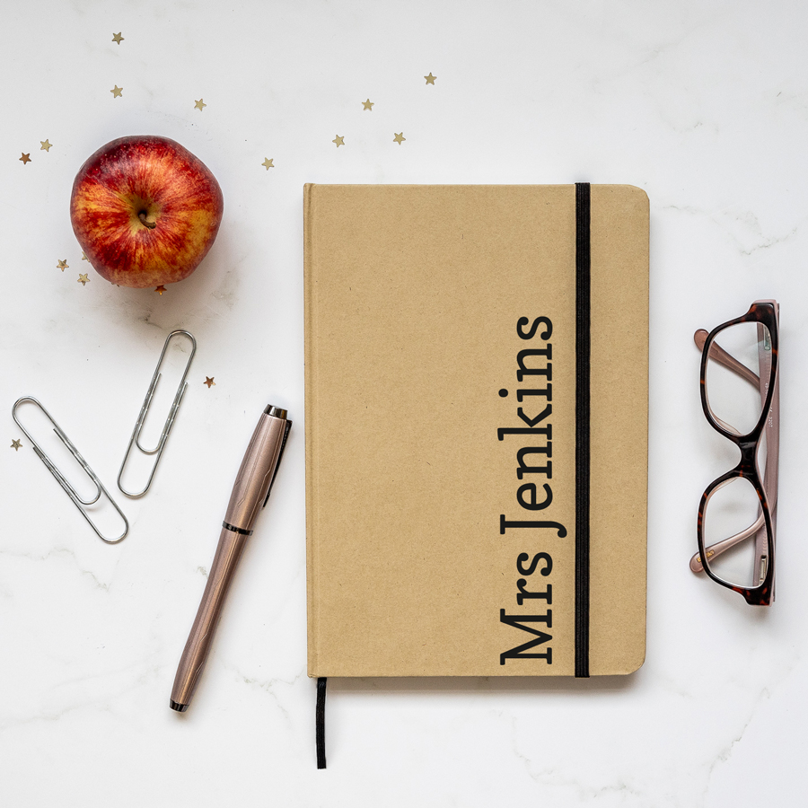 Personalised kraft notebook features the name of your choice in black and is a perfect gift for a teacher or teaching assistant to say thank you