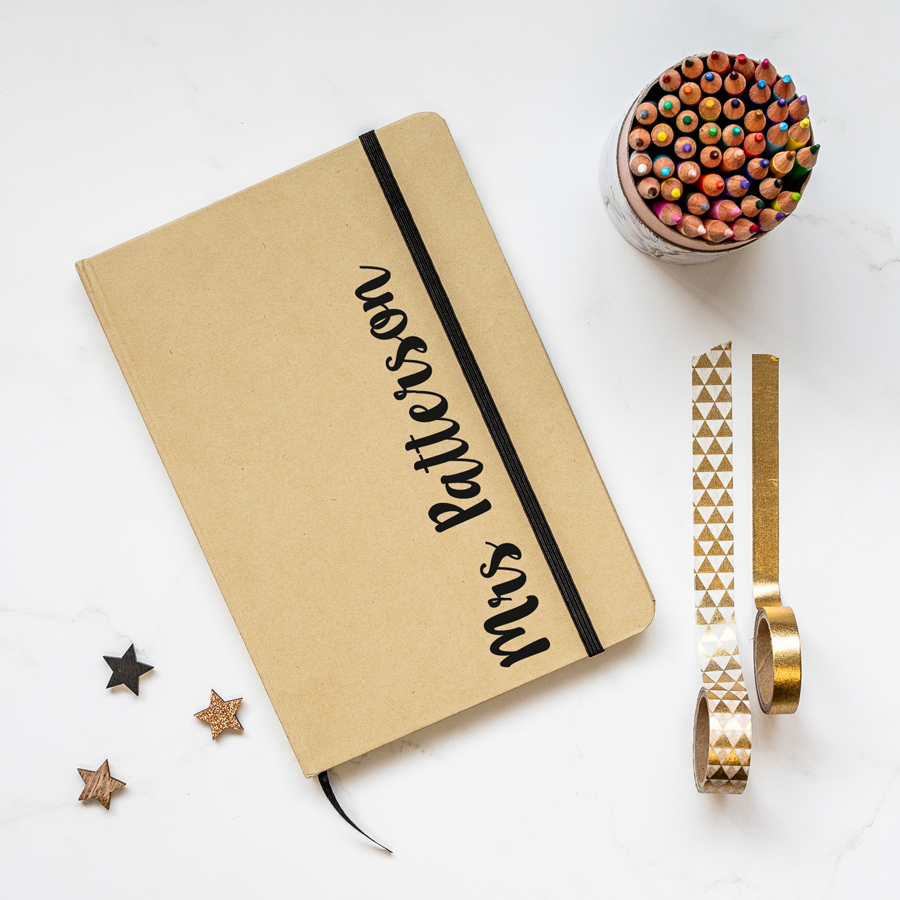 Personalised script kraft notebook features the name of your choice in black and is a perfect gift for a teacher or teaching assistant to say thank you