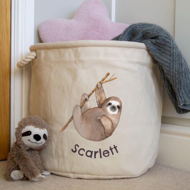 Personalised sloth storage trug in natural colour medium size perfect for storing toys in children's room