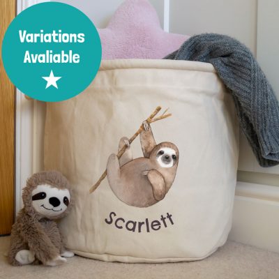 Personalised sloth storage trug in natural colour medium size perfect for storing toys in children's room