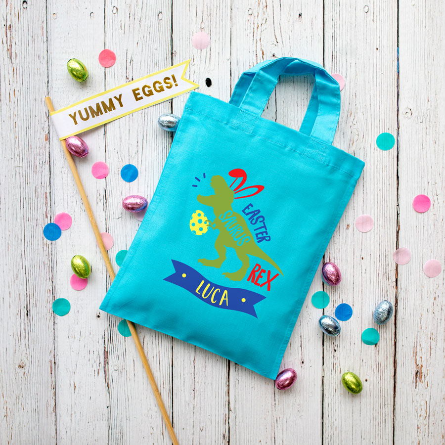 Personalised dinosaur Easter bag (Blue bag) is the perfect way to make your child's Easter egg hunt super special this year