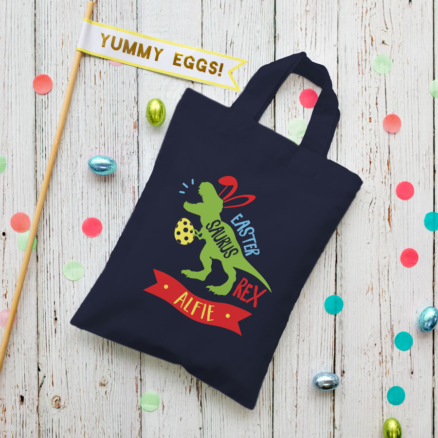 Personalised dinosaur Easter bag (French navy bag) is the perfect way to make your child's Easter egg hunt super special this year