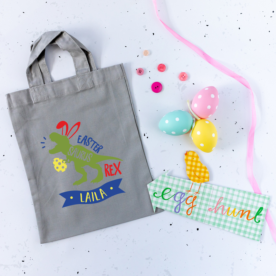 Personalised dinosaur Easter bag (Light grey bag) is the perfect way to make your child's Easter egg hunt super special this year