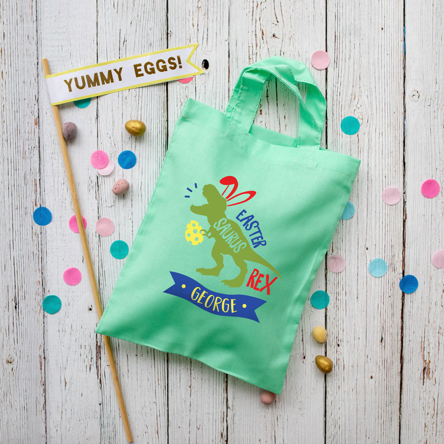 Personalised dinosaur Easter bag (Mint green bag) is the perfect way to make your child's Easter egg hunt super special this year