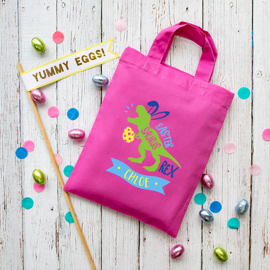 Personalised dinosaur Easter bag (Pink bag) is the perfect way to make your child's Easter egg hunt super special this year