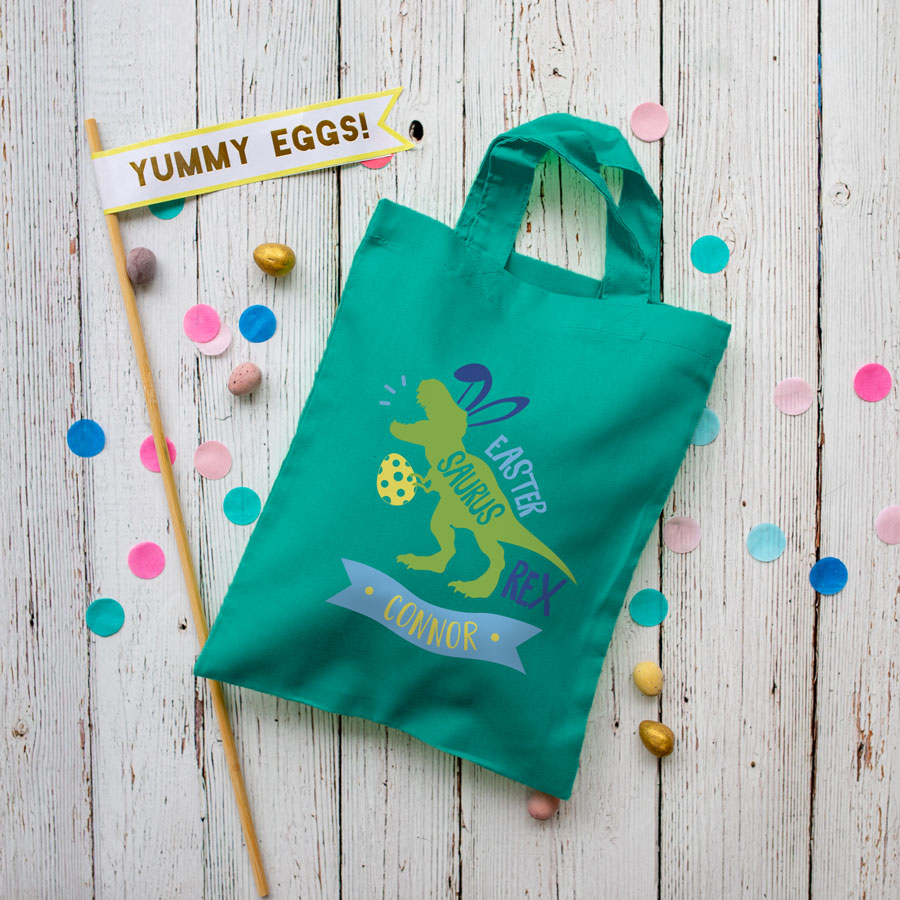Personalised dinosaur Easter bag (Teal bag) is the perfect way to make your child's Easter egg hunt super special this year