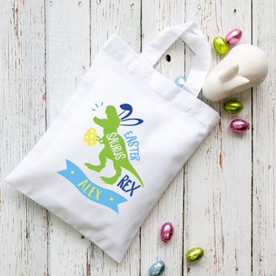 Personalised dinosaur Easter bag (White bag) is the perfect way to make your child's Easter egg hunt super special this year