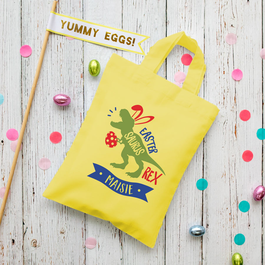 Personalised dinosaur Easter bag (Yellow bag) is the perfect way to make your child's Easter egg hunt super special this year