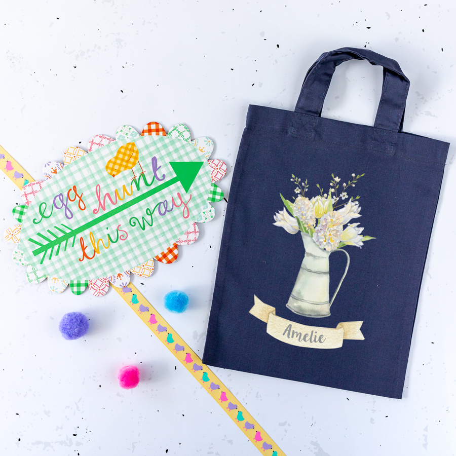 Personalised Spring Flowers Easter bag (Blue grey) is the perfect way to make your child's Easter egg hunt super special this year