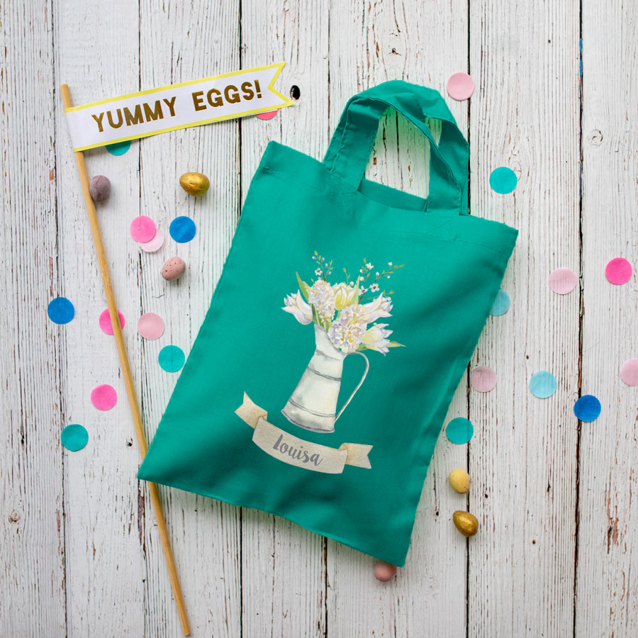 Personalised Spring Flowers Easter bag (Teal) is the perfect way to make your child's Easter egg hunt super special this year