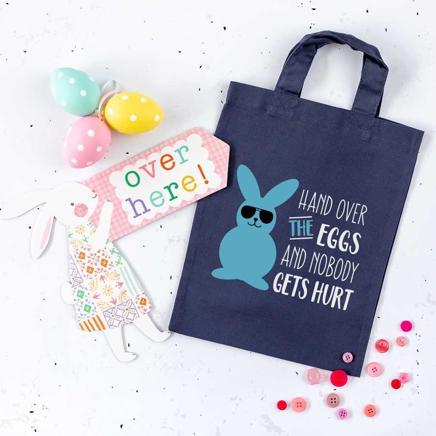 Hand over the eggs Easter bag (Blue grey) perfect for your child's Easter egg hunt this year
