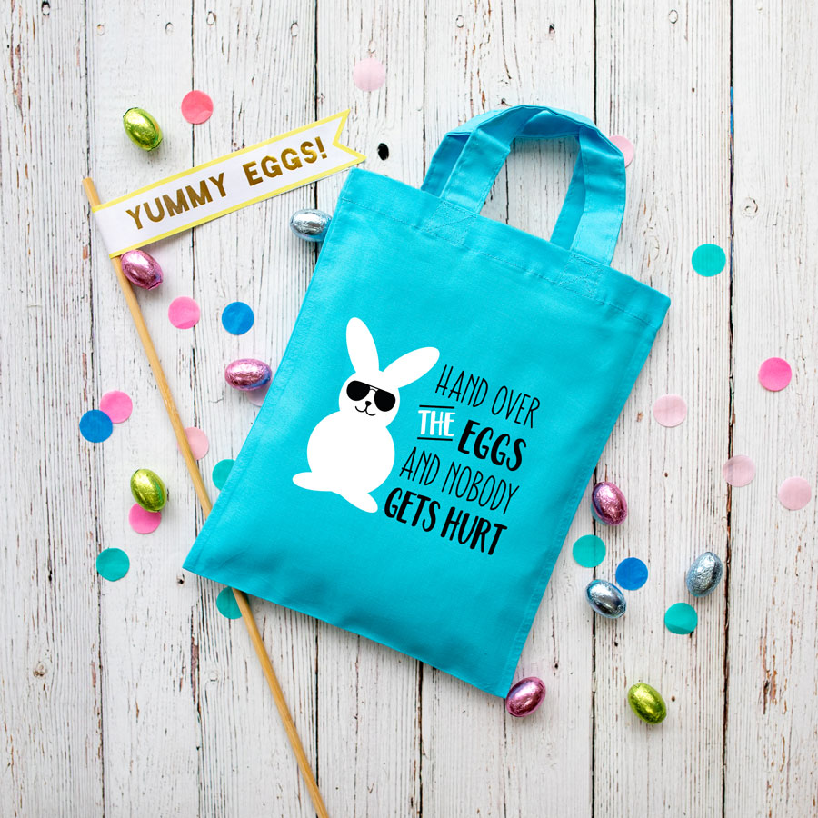 Hand over the eggs Easter bag (Blue) perfect for your child's Easter egg hunt this year