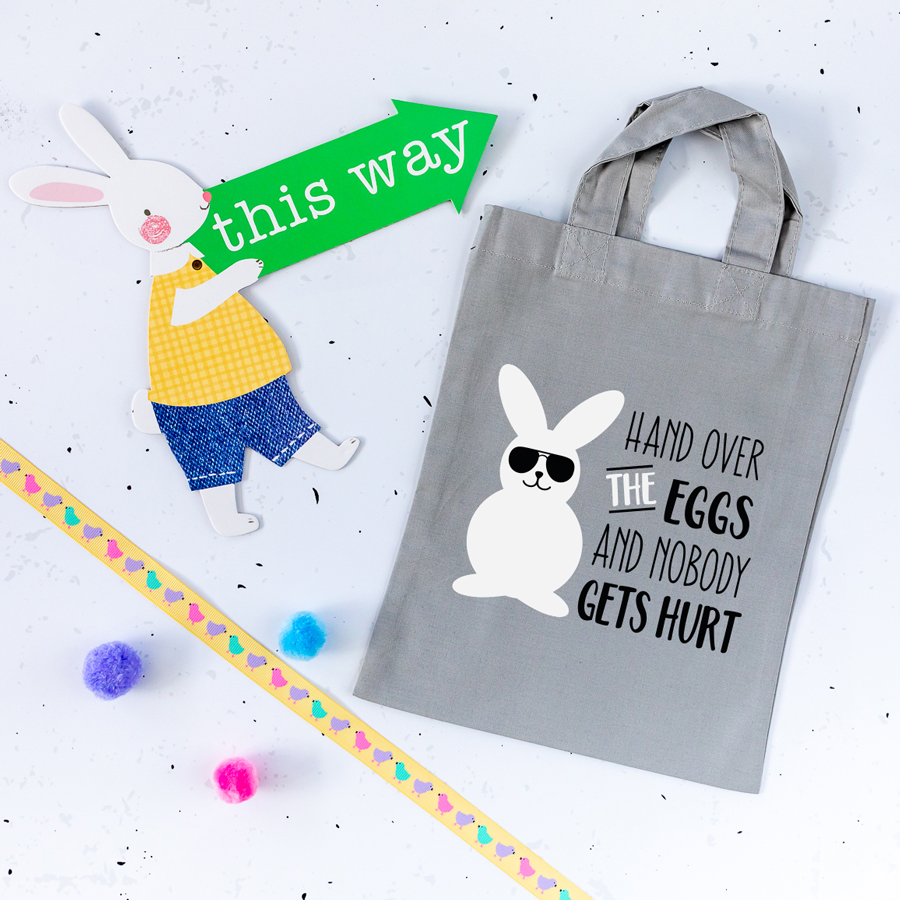 Hand over the eggs Easter bag (Light grey) perfect for your child's Easter egg hunt this year