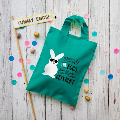 Hand over the eggs Easter bag (Teal) perfect for your child's Easter egg hunt this year