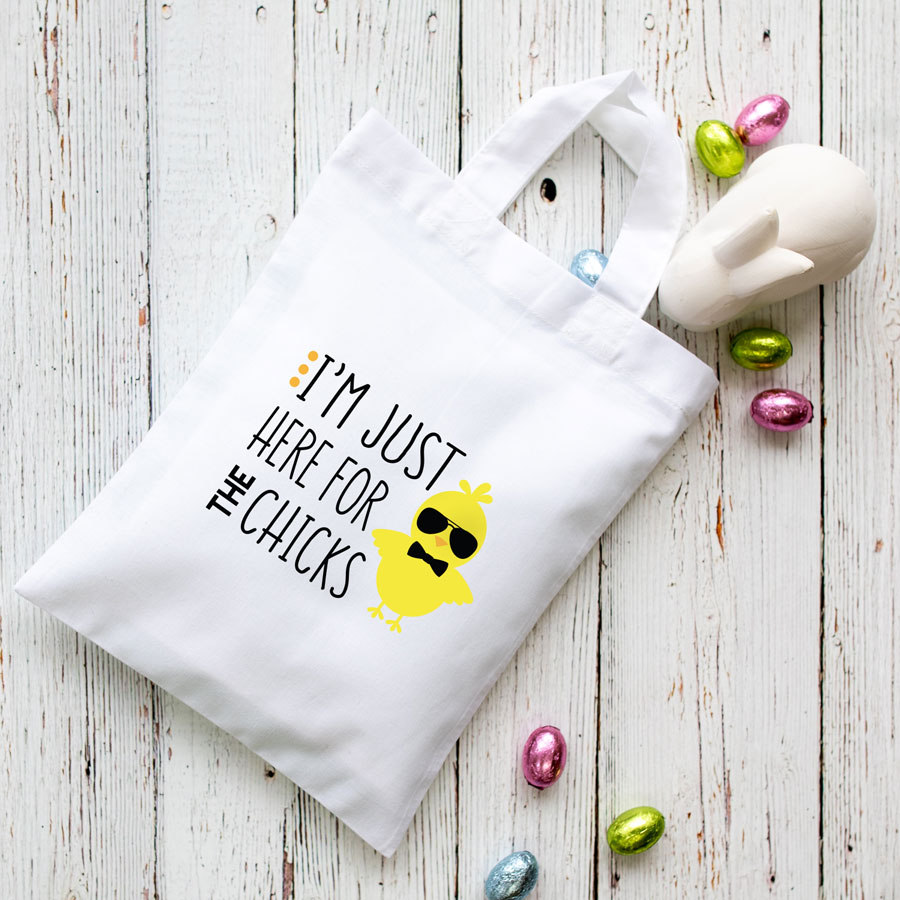 Here for the chicks Easter bag (White) perfect for your child's Easter egg hunt this year