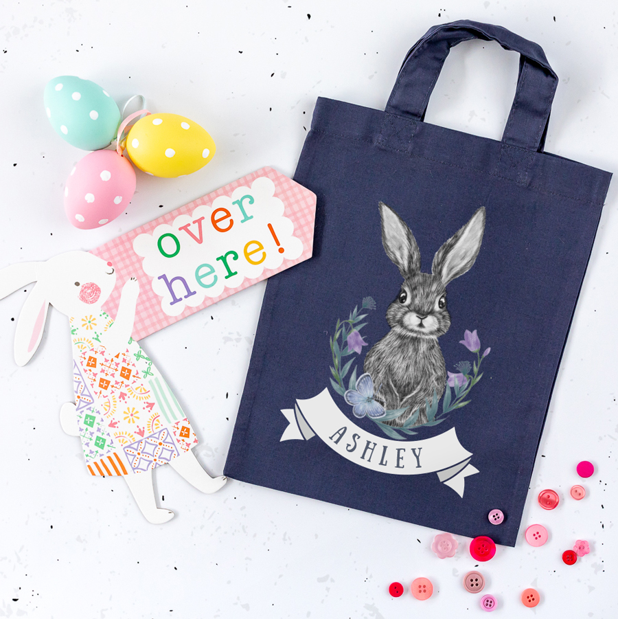 Personalised bunny and flowers Easter bag (Blue grey) is the perfect way to make your child's Easter egg hunt super special this year