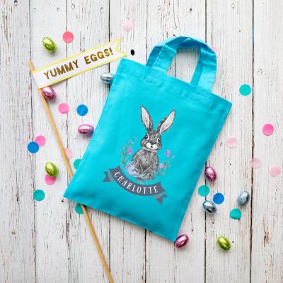 Personalised bunny and flowers Easter bag (Blue) is the perfect way to make your child's Easter egg hunt super special this year