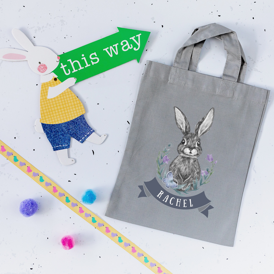 Personalised bunny and flowers Easter bag (Light grey) is the perfect way to make your child's Easter egg hunt super special this year