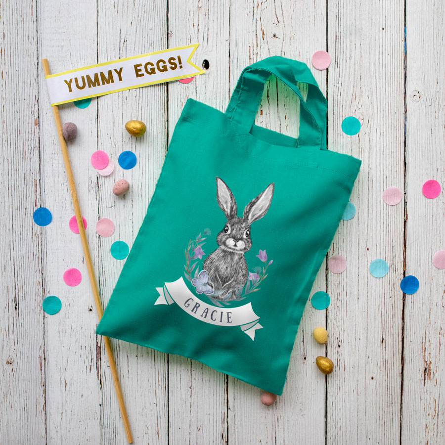 Personalised bunny and flowers Easter bag (Teal) is the perfect way to make your child's Easter egg hunt super special this year