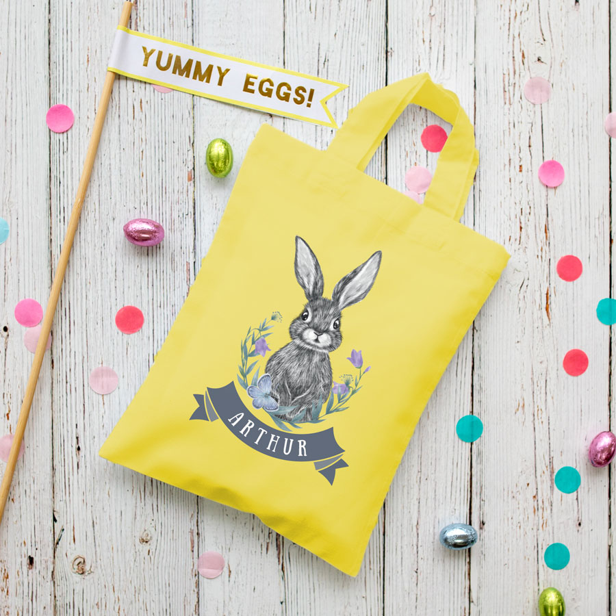 Personalised bunny and flowers Easter bag (Yellow) is the perfect way to make your child's Easter egg hunt super special this year