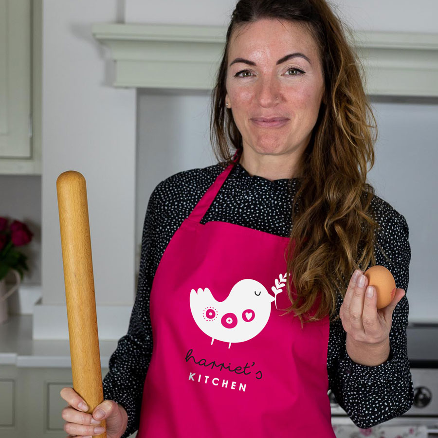 personalised robin apron in pink perfect for Christmas baking