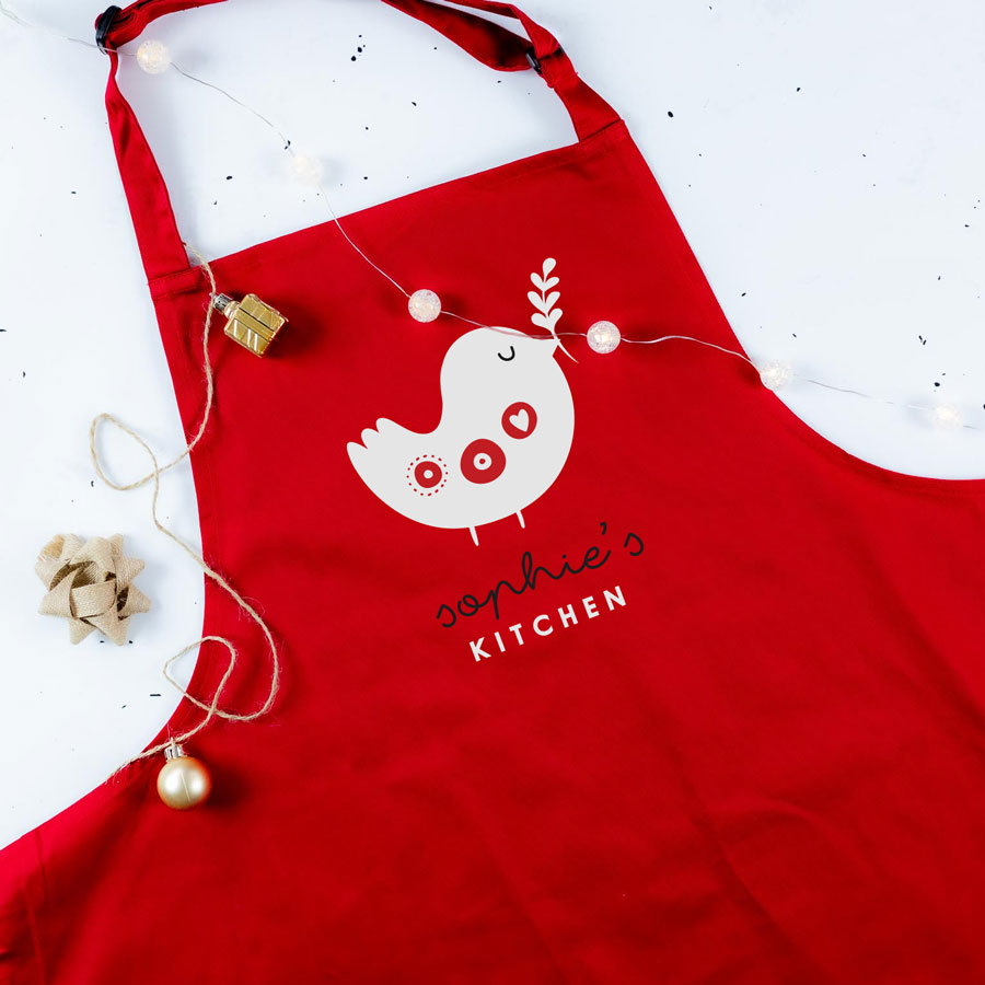 personalised robin apron in red perfect for Christmas baking