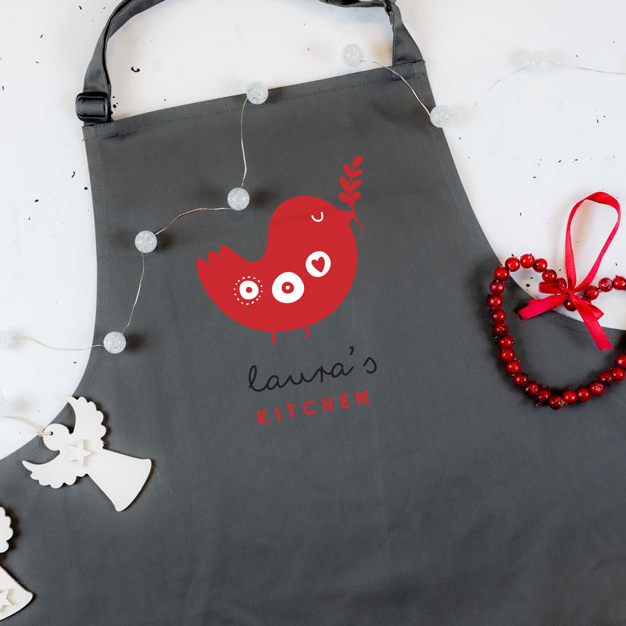 personalised robin apron in grey perfect for Christmas baking