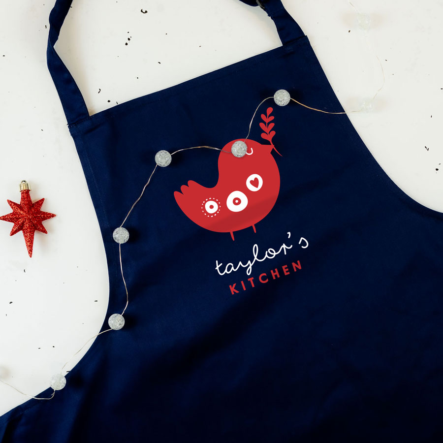 personalised robin apron in navy perfect for Christmas baking