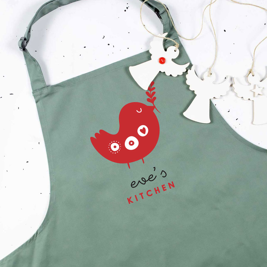 personalised robin apron in sage perfect for Christmas baking